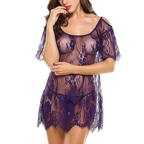 💋Sexy Nighty Chemises Lace Smock Lingerie Mini Babydoll nightie Purple - Picture 2 of 7